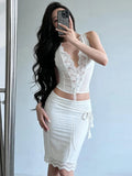 Daiiibabyyy  Lace Trim Tie-Up Corset Top Pencil Skirt Set Slim Fit Sleeveless Midi Length Summer Women Dress Chic Coquette Lady Co-ord