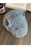 Daiiibabyyy  Cute Puppy Embroidery Washed Denim Forward Hat Men and Women Retro Big Head Short Brim Sunshade Flat Top Painter Cap Gorras