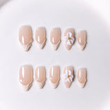 Daiiibabyyy  10pcs Handmade Nude Press-On Nails - 3D White Flower & Gold Studs Decor, Elegant Romantic Nail Supplies