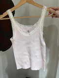 Daiiibabyyy Sweet Pink Lace Camisoles For Women 2024 Summer Ladies U Neck Cotton Sleeveless Tank Tops Female Vintage Cute Slim Crop Top