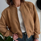 Daiiibabyyy  Women Vintage Faux Suede Bomber Jacket Ribbed Stand Collar Zip Up Long Sleeve Loose Short Casual Outerwear Autumn Coat