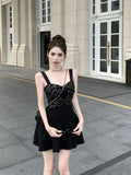 DAIIIBABYYY  -  Black Sequin Camisole Dress Women Summer Short Stature Waist Cinching Temperament Ballet Style A-line Fluffy Short