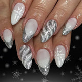 Daiiibabyyy  24Pcs Mid-length Almond Fake Nail Red Striped French Christmas Hat Press on False Nails Snowflake Wearable Full Cover Nails Tips