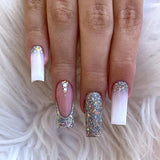 Daiiibabyyy 24Pcs Glitter Pink False Nails with Glue Long Ballet Full Cover Fake Nail Tips Ripple Design Detachable Coffin Press on Nails
