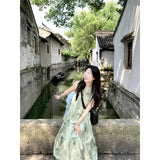Daiiibabyyy  New Chinese Style Women's Sleeveless Halter Dress Summer Suspender Floral Long Skirt