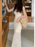 Daiiibabyyy Elegant Mesh Two Piece Dress Set Slim Midi Dresses for Women Frence Retro Lace Y2K Bodycon Birthday Party Dress Prom Vestidos