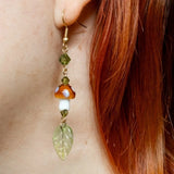 Daiiibabyyy  Retro Temperament Forest-style Mushroom Green Leaf Glass Tassel Dangle Earrings for Women Bohemian Creative Jewelry Accessories