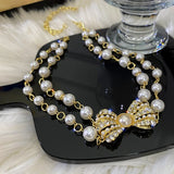 Daiiibabyyy Fashion 2-layers White Imitation Pearl Choker with Metal Slice Fixation Wide Bib Necklace Jewelry for Charm Women Party Gift
