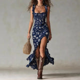Daiiibabyyy  New Bohemian Vintage Ruffled Sleeveless Camisole High Slit Dress Ideal for Summer Occasions