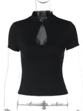 Daiiibabyyy  Black Cheongsam Collar Cutout Top Women Sexy Short Sleeve Slim Fit Shirt Spring Casual Chic Streetwear Form-fitting Tee