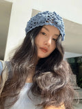Daiiibabyyy  Women's Hats Y2k Caps Haze Blue Korean  Version Hand Crocheted And Hollowed Out Flower Shaped Cap Pile Pile Cap Sweet Cool Cap