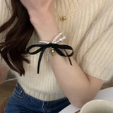 Daiiibabyyy Ribbon Bow Knot Heart Imitation Pearl Pendant Necklace for Women Vintage Charm Aesthetics Luxury Bracelet Korean Fashion Jewelry
