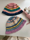 Daiiibabyyy  -  Spring Summer Hand Hook Cotton Knitted Bow Striped Bucket Hat Contrasting Color Women Sweet Cute Knitted Sun Basin Hat