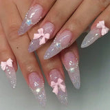Daiiibabyyy  White Glitter Powder Bowknot Long Pointed Fake Nails Art Ballet False Nail Cow Print Pearl Rhinestone Pink Almond Press on Nails