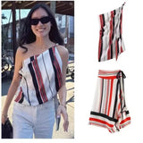 Daiiibabyyy  Women's Striped Asymmetrical Top Red Black White Striped Silk Scarf Lightweight Square Headscarf Neck Wrap Skirt Charming 0JQ1
