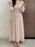 Daiiibabyyy  Korean Sweet Pink Dress for Women Square Collar Slim Waist Robe Elegant Femme Vestidos De Mujer Vintage Puff Sleeve Maxi Dresses