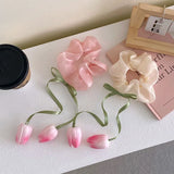 Daiiibabyyy New Tulip Floral Hair Rope for Women Elegant Hairband Bowknot Tassels Elastic Hair Ring Girls Sweet Headwear Hair Accessories