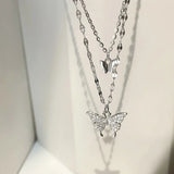 Daiiibabyyy S925 Sterling Silver Double Layer Butterfly Necklace for Women INS Small Fresh Shiny Zircon Clavicle Chain Jewelry Accessories