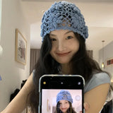 Daiiibabyyy  Women's Hats Y2k Caps Haze Blue Korean  Version Hand Crocheted And Hollowed Out Flower Shaped Cap Pile Pile Cap Sweet Cool Cap