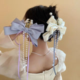 Daiiibabyyy Elegant Bow Ribbon Hairpin for Women Long Tassels Fashions Pearl Bowknot ponytail clip Retro Headband Girls Hair Accessories