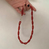 Daiiibabyyy  Handmade Red Color Agate Natural Stone Twist Rope Chain Double Layers Beaded Necklace for Women Silver Toggle Clasp Choker