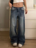 Daiiibabyyy  Vintage Embroidery Jeans Women Y2k Harajuku Baggy Blue Washed Denim Trousers Retro Streetwear High Waist Wide Leg Jeans