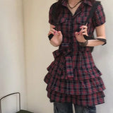 DAIIIBABYYY  -  Summer Y2k Aesthetic Plaid Vintage Slim Dress Single Breasted Mini Shirt Dresses Harajuku Bandage Grunge Punk Ruffled Vestidos