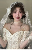 Daiiibabyyy  Wedding Bridal Veil Lace Pearl Trim Elegant Bride Headpiece for Wedding Ceremony Bridal Photoshoot,Lightweight Tulle Bridal Veil