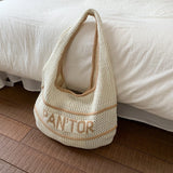 Daiiibabyyy  New Casual Versatile Lazy Style Striped Knitted Tote Bag Large Capacity Underarm Bag Personalized Women's Bag