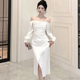 DAIIIBABYYY  -  Autumn Winter White Acetate Satin Chic Sling Sexy Dress Women Long Sleeve Elegant Holiday Dress 2025 Korean Bodycon Party Dress