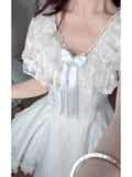 Daiiibabyyy  Coquette Sweet Lolita Dress Women Lace Trim Bow Ruffle Short Sleeve Ruched Waist Bubble Hem Slim Fit Mini Dress Elegant Beach