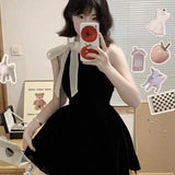 Daiiibabyyy  Summer Dress for Women New High-end Designed Niche Chic Temperature French Style Sleeveless Halter Neck Bow Waist Short Dress