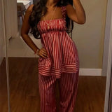 Daiiibabyyy  Women Summer Y2K Striped Pajamas Set Tie Shoulder Ruffle Tank Tops and Straight Pants 2 Piece Casual Vacation Beach Outfit