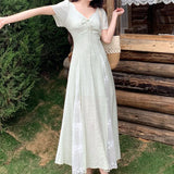 DAIIIBABYYY  -  Lace Patchwork Design V-neck Short Sleeved Dress New French Style Gentle Women's Tie Up Clothing Slim Waist Stylish Long Dresses