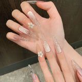 Daiiibabyyy  10pcs Handmade Press On Nails Ice Transparent Glass Sensation Cat Eye False Nails White Flower Flash Powder Long Almond Manicure