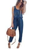 Daiiibabyyy  Casual Women Jumpsuit Sleeveless High Waist Button Front Romper Light Blue Straight Leg Solid Color Denim Jumpsuit Drawstring