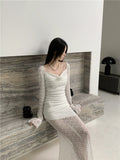 DAIIIBABYYY  -  White Lace Long Sleeve  Square Neck Midi Dress For Women Flare Sleeve Bodycon Tunics Mermaid Dress See Through