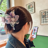 Daiiibabyyy Korean New Flower Dyed Flower Hair Claw Back Spoon Pan Hair Shark Clip Pearl Crystal Luxury Fashion Women's Hair Accessories