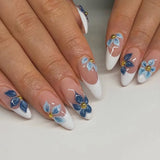 Daiiibabyyy  24PCS White French False Nails 3D Simple Red Flowers Designs Almond Press on Nails with Pearl Fake Nails for Women Wearable Tips