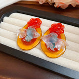 Daiiibabyyy  Resin Oval Koi Flower Earrings for Women New Chinese Retro Earrings 2025 Hot Trendy Drop Earring Luxury Designer Jewelry