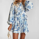 Daiiibabyyy  Fashionable Retro Chinese Style Women's Long Sleeves Dress with Drawstring Waist Printed Lace-Up Short Dress Elegant in Style