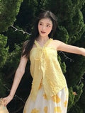 Daiiibabyyy  Women Clothing 2 Piece Sets Solid Sweet Halter Ruffled Bow Tank Top + High Waist A-line Printing Skirts Outfits Chic Summer Suit
