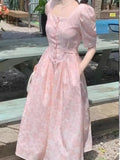 DAIIIBABYYY  -  Summer Women French Elegant Dress Slim Waist Square Neck Midi Length Casual Dress for Party Commuting