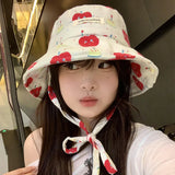 DAIIIBABYYY  -  Y2K Cute Apple Print Bucket Hats for Women Spring and Summer New Korean Outdoor Leisure Sunscreen Versatile Strap Sun Hat
