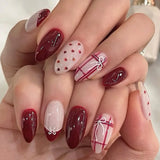 Daiiibabyyy  24pcs Valentine's Day Fake Nail Patches Red Plaid Love Heart Bowknots Designs Press On Nails Wine-red French Almond False Nail
