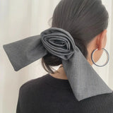 Daiiibabyyy  Gray Striped Square Scarf Bow Flower Hair Ring Simple Advanced Ladies Elegant Hair Accessories INS Fashion Hair Clip