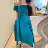 DAIIIBABYYY  -  Korean Summer Square Collar Pocket Design Bubble Sleeve Dress For Women French Minimalist Style Slash Neck Sling Length Dresses