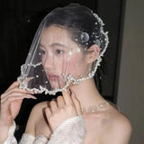 Daiiibabyyy  Vintage Pearls Beads Brides Veil Tassels White Wedding Veils Tulle Short Bride Head Gauze Headdress