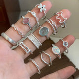 Daiiibabyyy Irregular Geometric Moonstone Silver Open Rings for Women Fashion Design Simple Personality Combination Ring Wholesale