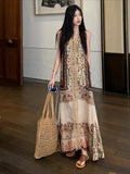 Daiiibabyyy  Vestidos De Mujer Bohemian Dress Women's Clothing V Neck Sleeveless Vintage Robe Femme Fashion Lace Patchwork Maxi Dresses